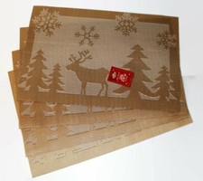 Set of 4 Large Christmas Placemats Dinning Room Jacquard Table GOLD REINDEERS
