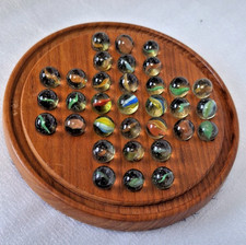 Old Vintage Wooden 17cm Solitaire Board with some Old Glass Marbles c1970s