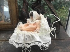 Porcelain Face Doll in Pram Bassinette Small  Rare Victorian Style Vintage