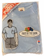 True Vintage 80s Fruit of the Loom Blue Pocket T-Shirt NOS Mens Large USA Cotton
