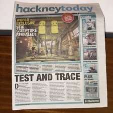 STIK orange holding hands poster print with hackney newspaper Mint