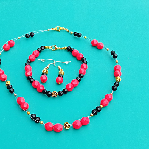 Pink black beaded crystal - beaded,