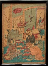 Color woodcut Japan interior with people 19th century signed Vintage