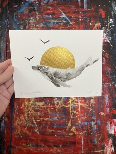 Original whale sunset painting - whale,