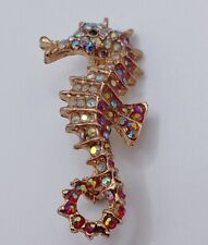 Gold Tone Multicoloured Crystal Seahorse Brooch Pin Costume