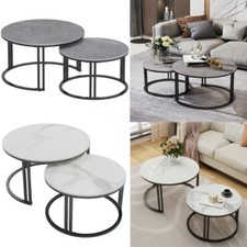  2X Premium Marble Nesting Coffee Table Set Black/White Round End Accent Table