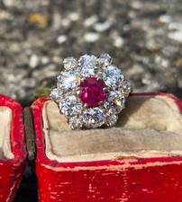 BURMA RUBY & OLD CUT DIAMOND CLUSTER RING 3ct + from Fine Antique Diamonds