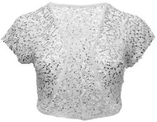 White Lace Silver Sequin Bolero Open Front Top Cap Sleeve Party Wear Ladies Plus