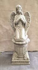 Kneeling Angel Statue On Plinth Stone Garden Ornament Sculpture Decor Concrete