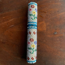 Antique 19th Century Colourful Glass Bead Needle Case Floral Flower Pattern