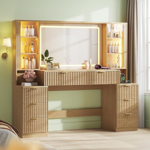 Big vanity desk fluted wood - vanity,