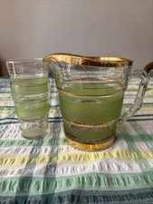 Vintage Set  Sugar Frosted Lemonade Jug Pitcher 2 Tumblers Green Gold 1950s 60s