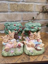 Vintage Bunny Rabbit BOOKENDS ~ Apple Tree Picnic Easter Spring 4.5” ceramic