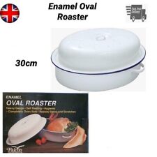 30CM OVAL ROASTER ENAMEL DISH ROASTING OVEN TRAY CASSEROLE PAN WHITE WITH LID