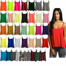 Womens Ladies Plus Size Cami Plain Neon Strappy Swing Vest Top Flared Sleeveless