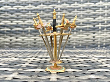 VINTAGE RETRO QUIRKY TOLEDO 6 SWORD OLIVE COCKTAIL STICK SET ON BRASS STAND 70'S