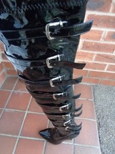 Sxxy BLACK SHINY PVC STRAPPY THIGH HIGH POINTY BOOTS * 5 uk  FXTISH * DOMINATRIX