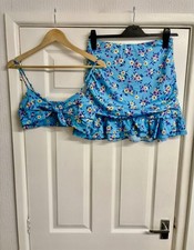 Zara Blue Floral Bow Bralette Cropped Top & Skirt Coord Set Size Medium/Large