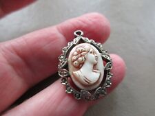 ANTIQUE VINTAGE OLD SILVER TONE GLASS CAMEO LADY MARCASITE FOB CHARM PENDANT UK