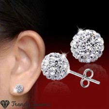 Large Sparkling 925 Sterling Silver Big Ball Sparkle Crystal Stud Earrings 10MM