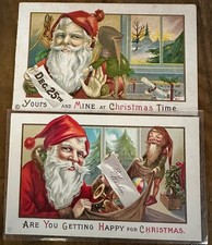 CHRISTMAS - Lot of 2 ~Santa Claus with Elfs Elves~Toys~Antique Postcards~k818