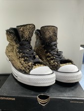 Converse All Star Sparkle Fur High Tops Gold & Black Size 7.5 With Box