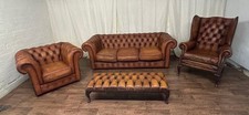 Chesterfield suite 2 seater sofa Queen Ann & club chairs + footstool in tan 