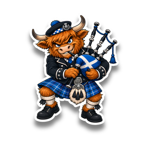 Highland cow with - with, bagpipes