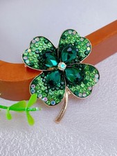 Green Rhinestone Clover Brooch Pin Lucky Four Leaf Shamrock Vintage Gift UK