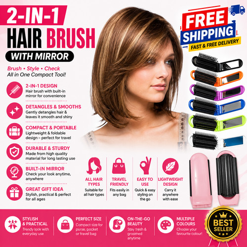 Folding hair brush with mirror - with,