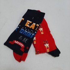 2 Pairs Mens Novelty Christmas Socks Black/Red Rudolph Eat, Drink & Be Merry NEW