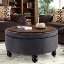 Large Chesterfield Deep Button Pouffe Ottoman Storage Footstool Wooden Top Table