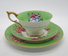 Trio Of Coalport Bone China Cup Saucer & Plate Green Cappers Fuchsia C1950