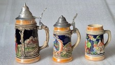 Three Vintage Ceramic Beer  steins  2 have Pewter lids   Germany