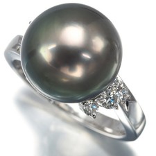 Auth TASAKI Ring Black South Sea Pearl 12.1mm Diamond 0.21ct US6-6.25 Pt 900