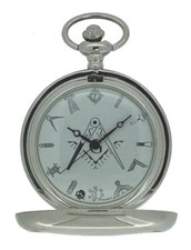 New Freemason Masonic Quartz Silver Case Pocket Watch and Chain Boxed