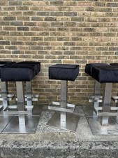Pair Vintage Italian Art Deco Stainless Steel Bar Stools Black Velvet Upholstery