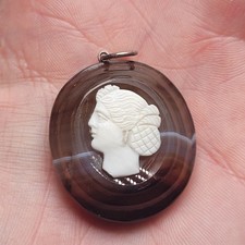 Unusual Antique Victorian Agate Silver And Sea Shell Cameo Pendant