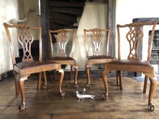 Antique Walnut Chippendale Ball and Claw Cognac Leather Chair Chairs X 4