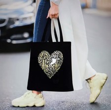 Harrods Print Black & White Tote Bag Golden Heart Design 35x40cm New