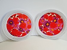 Pair Vintage Retro Dialene Better-Maid Round Hard Plastic Tray Red Flowers