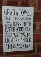 shabby & chic vintage bathroom grab a towel wine candle music relax sign 12x8