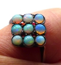 PETITE ANTIQUE EDWARDIAN 9CT GOLD & SILVER OPAL & ROSE CUT GARNET RING UK K 1/2