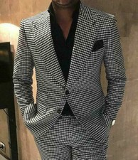 Houndstooth Men Suits Slim Fit Groom Tuxedos Wedding Dogstooth Prom Tailored New