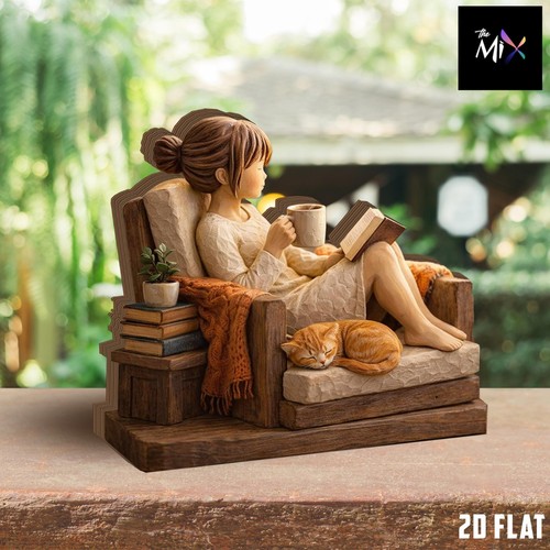 Cozy reading girl - girl, wooden