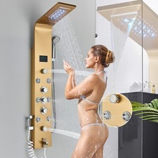Gold Shower Panel Column Tower LED Rain Massage Body Jets Mixer Stainless Steel