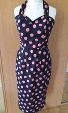 Vivien Of Holloway Black Pink Polka Dot Repro 1950s Halterneck Pencil Dress 10