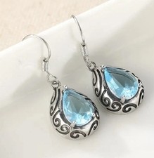 Blue Topaz Filigree 925 Sterling Silver Earrings Drop Dangle Earrings 4th Annive