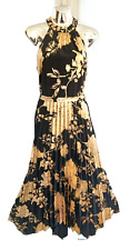 Roman Women's Halterneck Dress Black & Gold Foil Long Pleated Dipped Hem Size 10