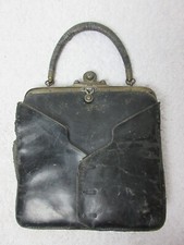 Antique Small Black Edwardian Handbag - Overlap Detail, Clasp and Short Handle